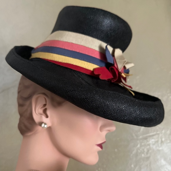 SHOWSTOPPER 1930s\' FRENCH NAVY STRAW FEDORA - MULTICOLORED GROSGRAIN BAND main image 7